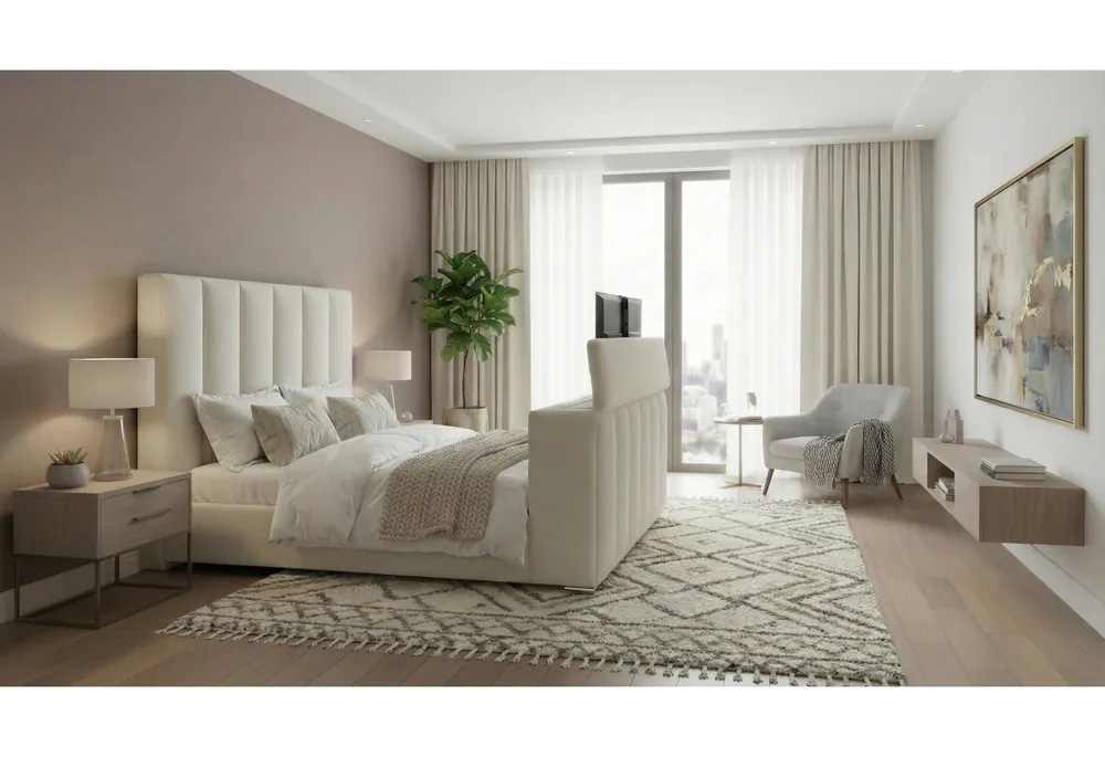 SERENITY CREMA KING BED WITH SPEAKER, TV LIFT AND FIREPLACE - Global Furniture USA
