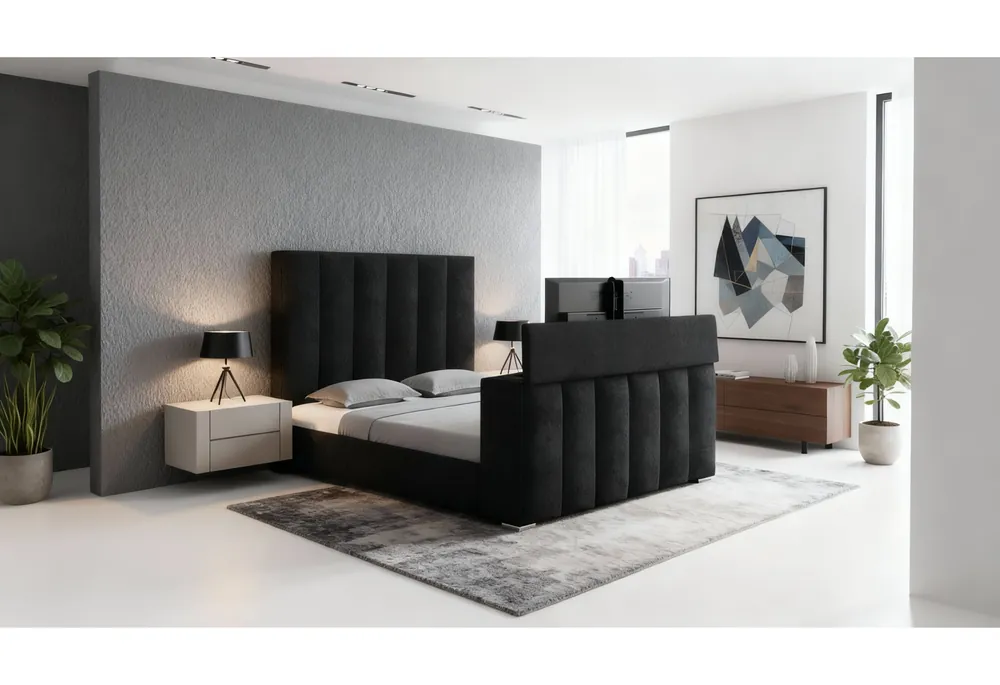 SERENITY ONYX QUEEN BED WITH SPEAKER, TV LIFT AND FIREPLACE - Global Furniture USA