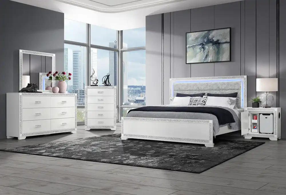 SOLEIL WHITE KING BED GROUP WITH COOLER AND SPEAKER - Global Furniture USA