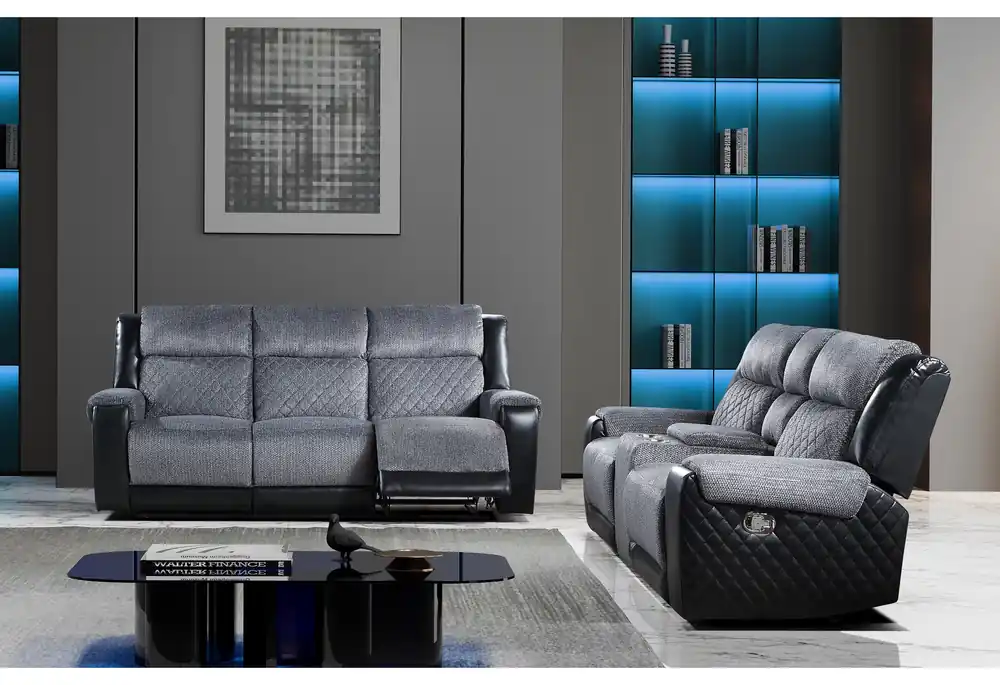 U5914/U5915 GREY/BLACK REC SOFA/CRLS W/IMMERSIVE SOUND & BLUE LED - Global Furniture USA