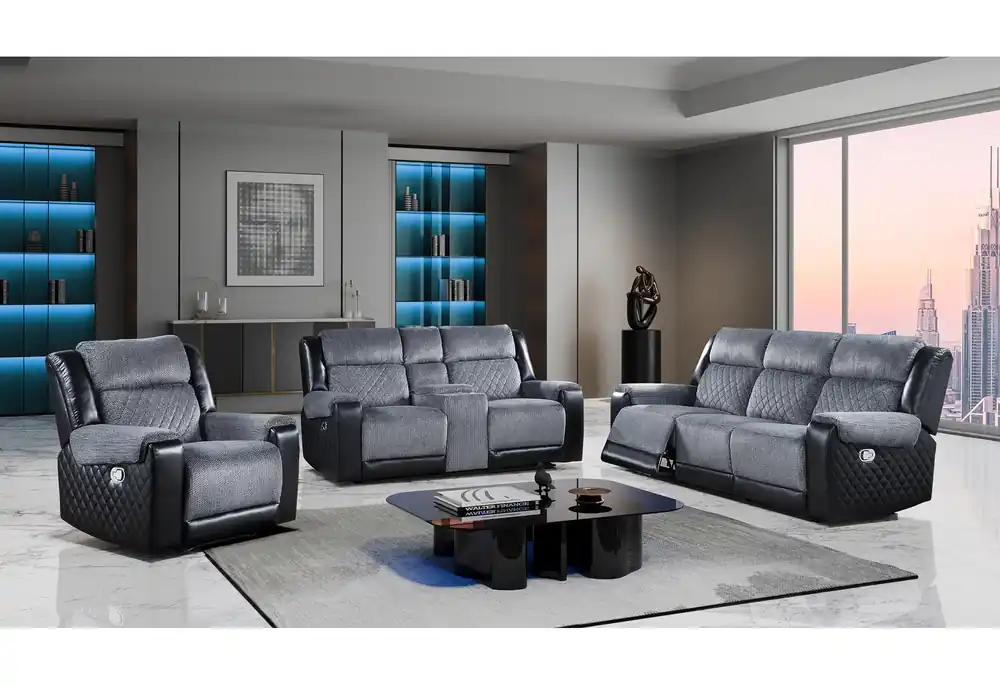 U5914/U5915 GREY/BLACK REC SOFA/CRLS W/IMMERSIVE SOUND & BLUE LED/REC - Global Furniture USA