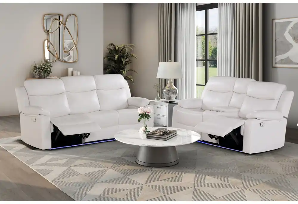 U6026 BLANCHE WHITE REC SOFA/CONSOLE REC LOVESEAT WITH LED & SPEAKER - Global Furniture USA