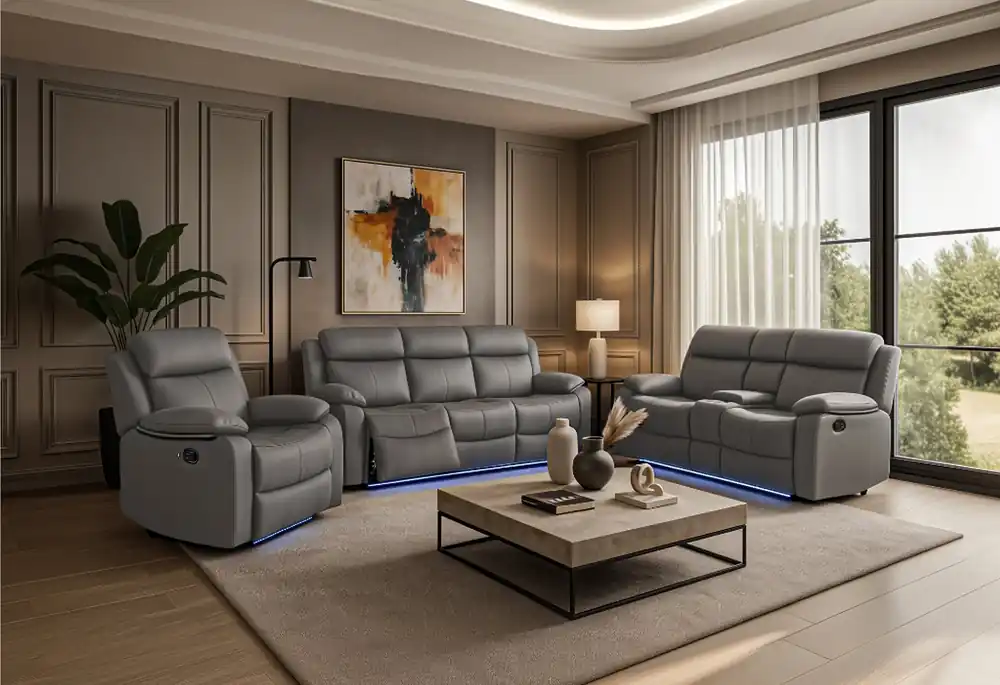 U6026 GREY PU 46A REC SOFA/CON REC LOVESEAT W/SPEAKER/GLIDER REC - Global Furniture USA