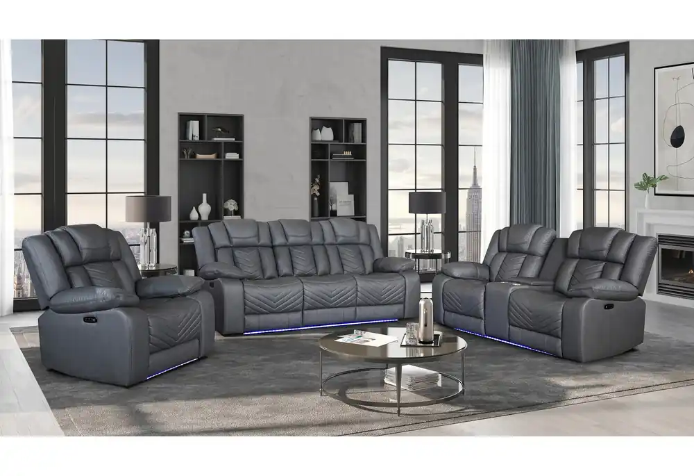 U7068 GREY 10 PWR REC SOFA/PWR CONSOLE REC LOVESEAT/PWR RECLINER W/LED - Global Furniture USA
