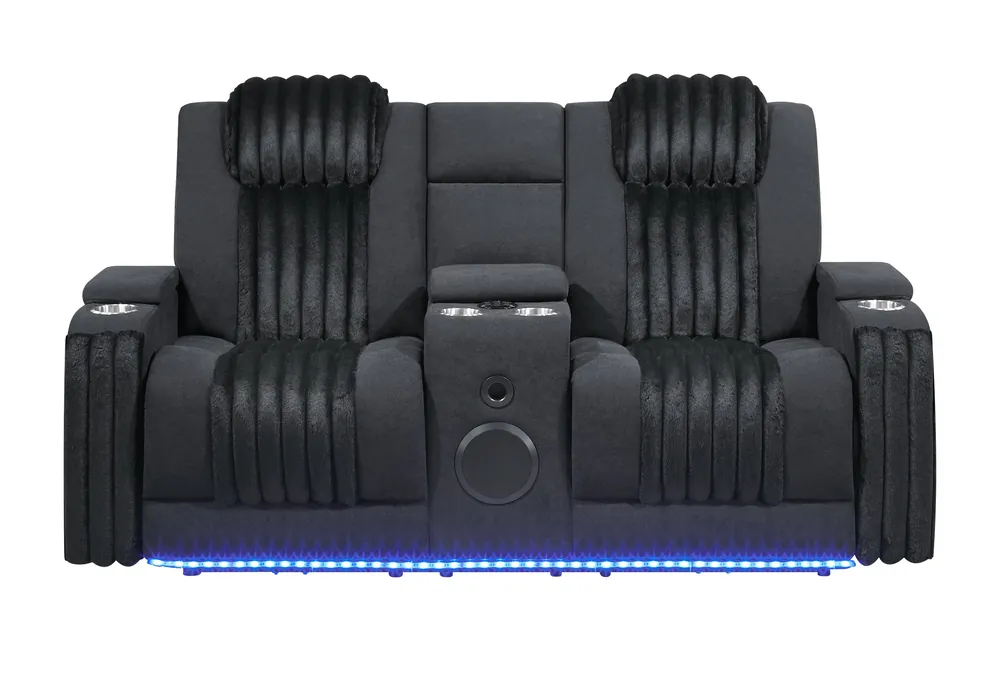 U8000 BLACK PWR CONSOLE REC LOVESEAT W/PHR, LED AND SPEAKER - Global Furniture USA