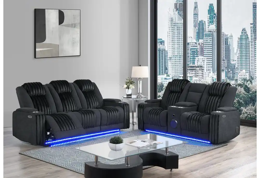 U8000 BLACK PWR REC SOFA/PWR CONSOLE REC LOVESEAT W/PHR - Global Furniture USA