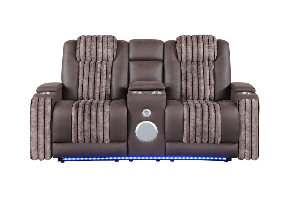 U8000 BROWN PWR CONSOLE REC LOVESEAT W/PHR, LED AND SPEAKER - Global Furniture USA