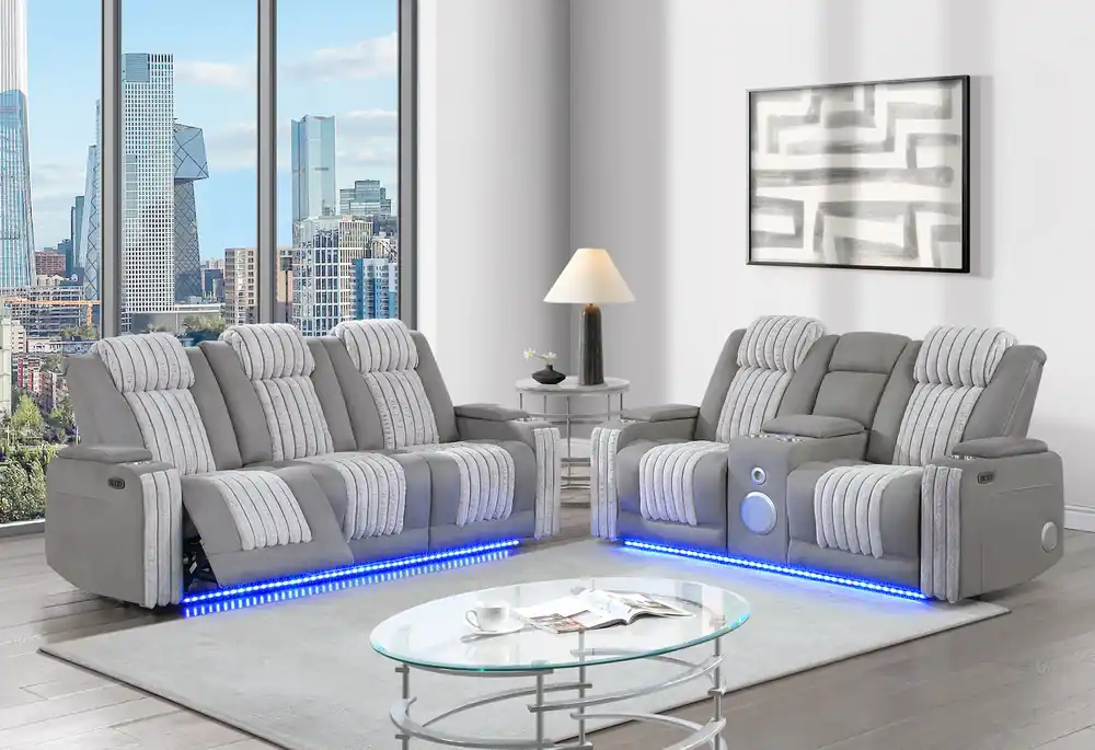 U8000 GREY PWR REC SOFA/PWR CONSOLE REC LOVESEAT W/PHR - Global Furniture USA