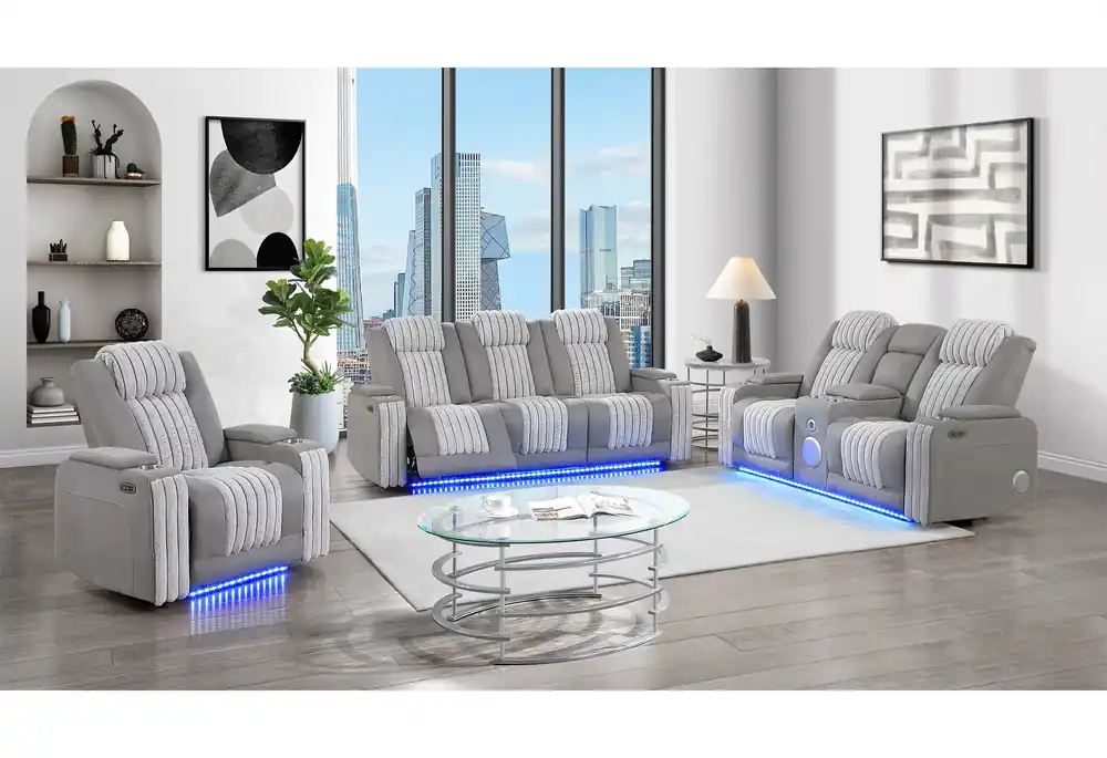 U8000 GREY PWR REC SOFA/PWR CON REC LOVESEAT/PWR RECLINER W/PHR - Global Furniture USA