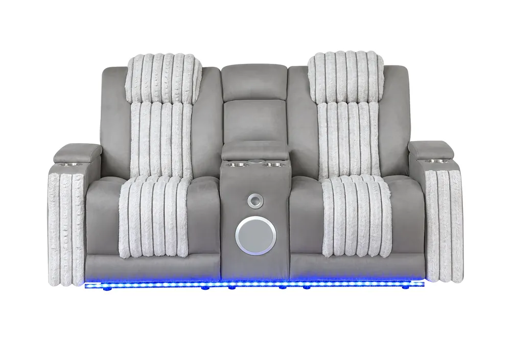 U8000 GREY PWR CONSOLE REC LOVESEAT W/PHR, LED AND SPEAKER - Global Furniture USA