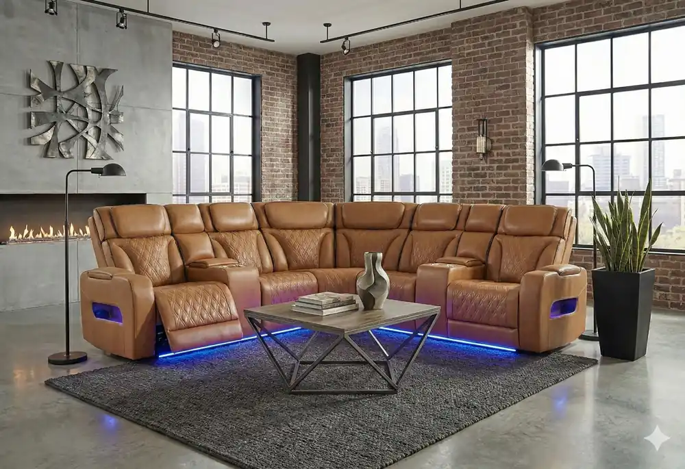 U8611 CAMEL SECTIONAL WITH POWER HEADREST, CONTINUOUS LED AND SPEAKER - Global Furniture USA