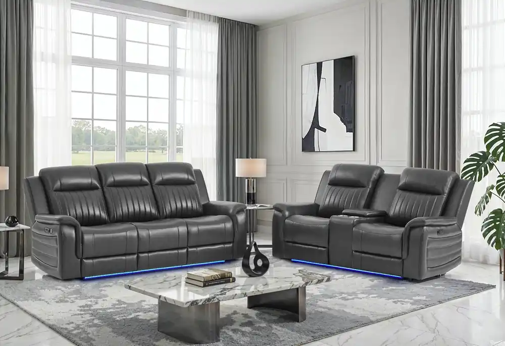 U8879 CHARCOAL PWR REC SOFA/PWR CON REC LOVESEAT W/LED & GL SS - Global Furniture USA