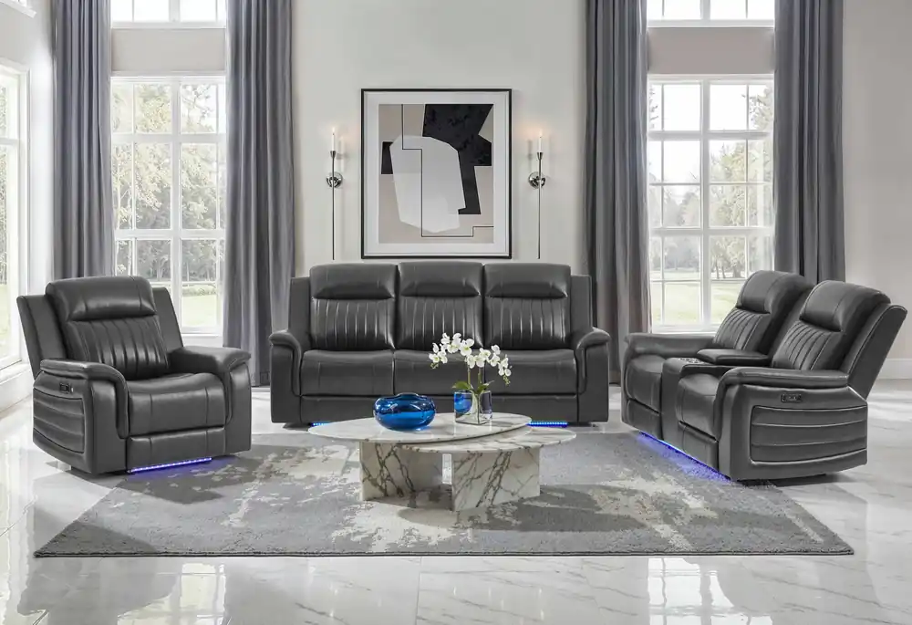 U8879 CHARCOAL PWR REC SOFA/PWR CON REC LOVESEAT/PWR REC W/LED & GL SS - Global Furniture USA