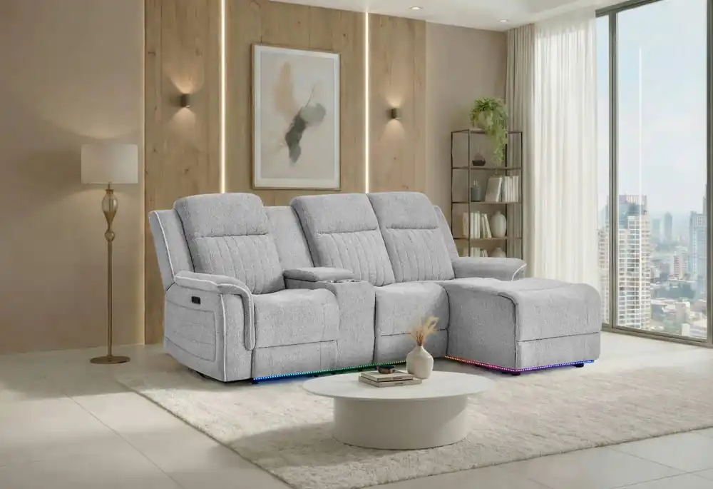 U8879 GREY 1 POWER PUSHBACK SECTIONAL WITH LED AND GLOBAL SS SPKR - Global Furniture USA
