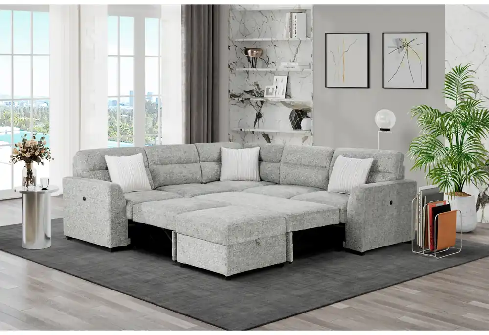 U9401 NICKEL SOFA BED SECTIONAL WITH 3 PILLOWS AND OTTOMAN - Global Furniture USA