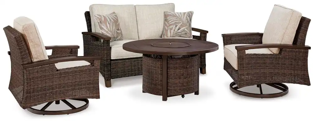 Paradise Trail Outdoor Loveseat, Lounge Chairs and Fire Pit Table - Ashley Furniture