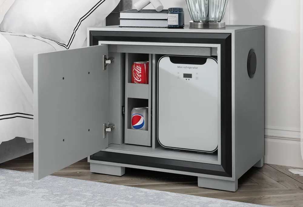 AMELIA GREY/BLACK NIGHTSTAND WITH COOLER AND SPEAKER - Global Furniture USA