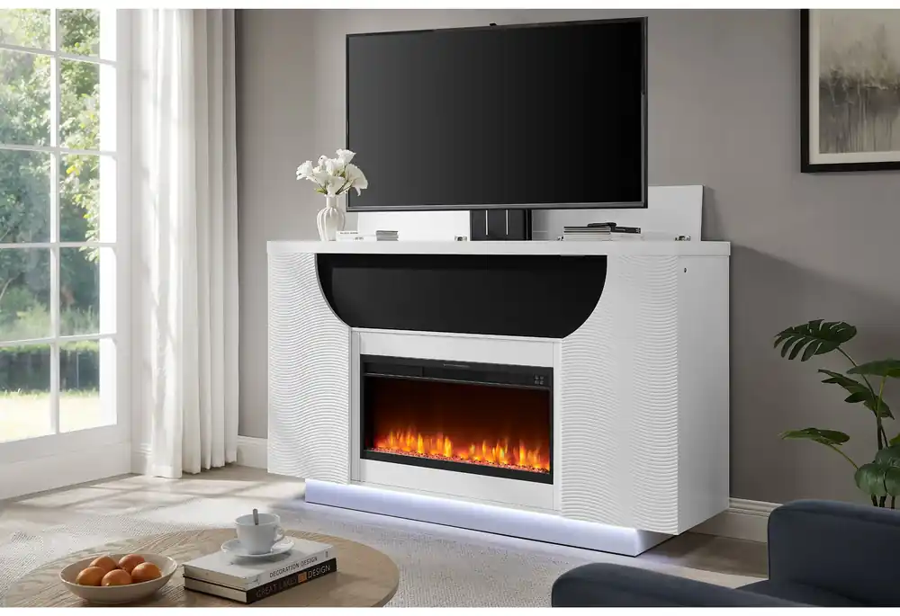 AVEENA WHITE 76" ENT UNIT WITH TV, LED, SPEAKERS, CRYSTAL AND POP-UP