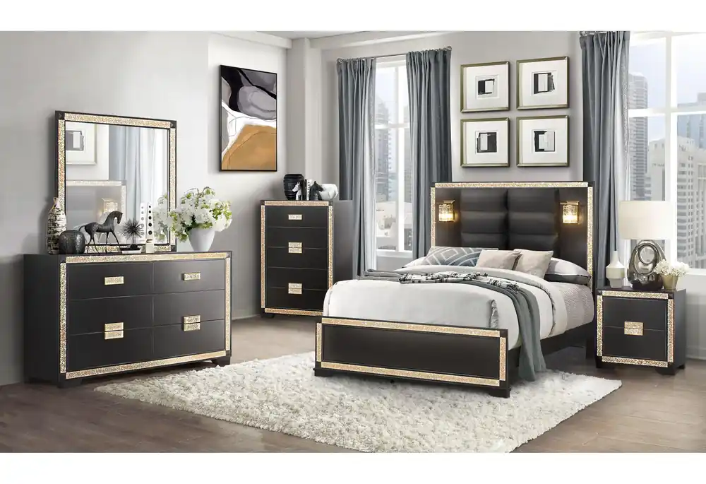BLAKE BLACK/GOLD QUEEN BED WITH LAMPS, DRESSER, MIRROR, NIGHTSTAND - Global Furniture USA
