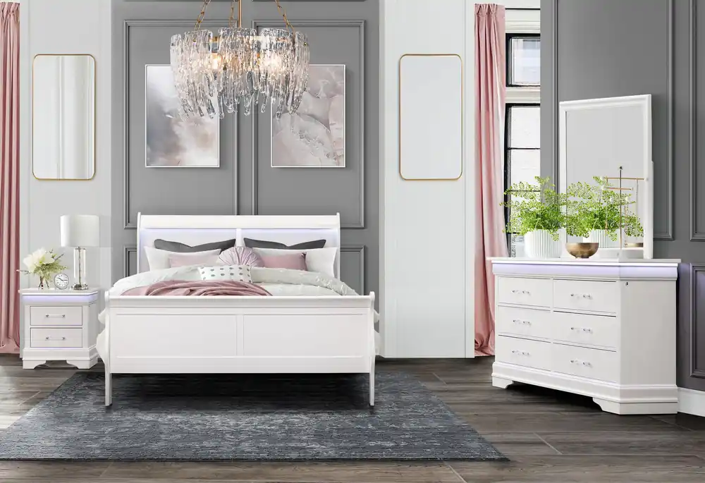 CHARLIE WHITE KING BED WITH LED, DRESSER, MIRROR AND NIGHTSTAND - Global Furniture USA
