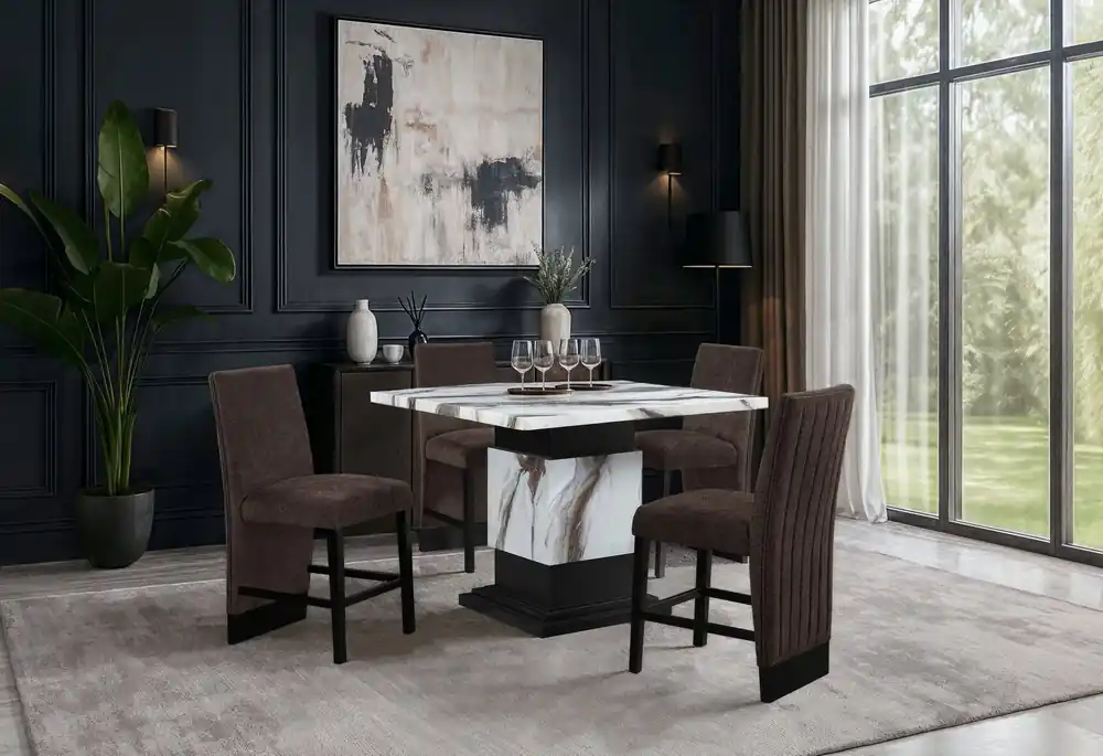D12 BAR TABLE AND 4 D12 BROWN BAR STOOLS - Global Furniture USA