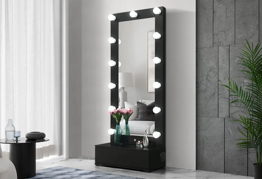 ELLA BLACK NARROW TALL MIRROR WITH DRAWER AND SPEAKER - Global Furniture USA