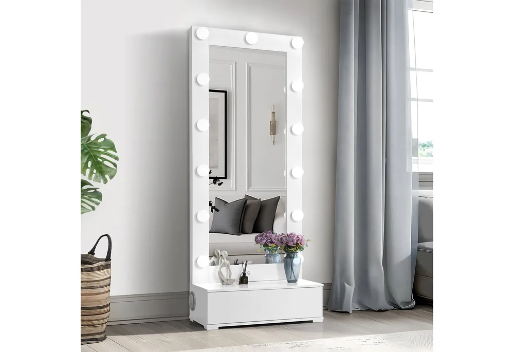 ELLA WHITE NARROW TALL MIRROR WITH LED AND SPEAKER - Global Furniture USA