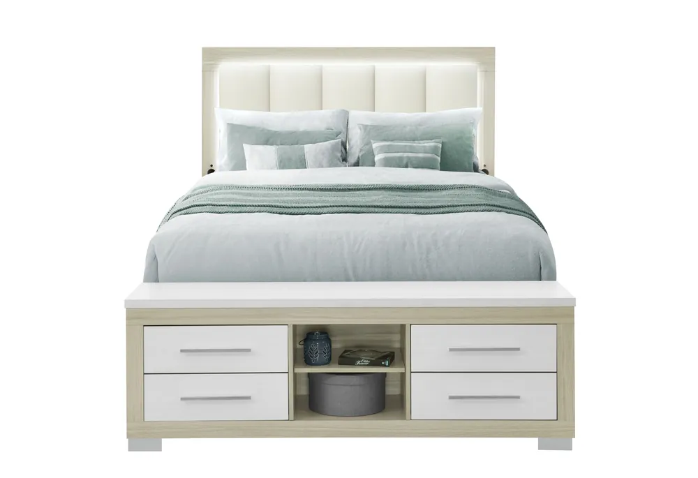 EMMA NATURAL/WHITE QUEEN BED WITH LED AND USB - Global Furniture USA