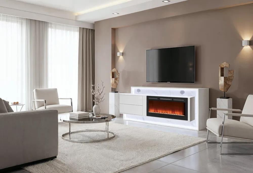 KIRA WHITE 87" ENTERTAINMENT UNIT WITH BLUETOOTH SPEAKER AND LED - Global Furniture USA