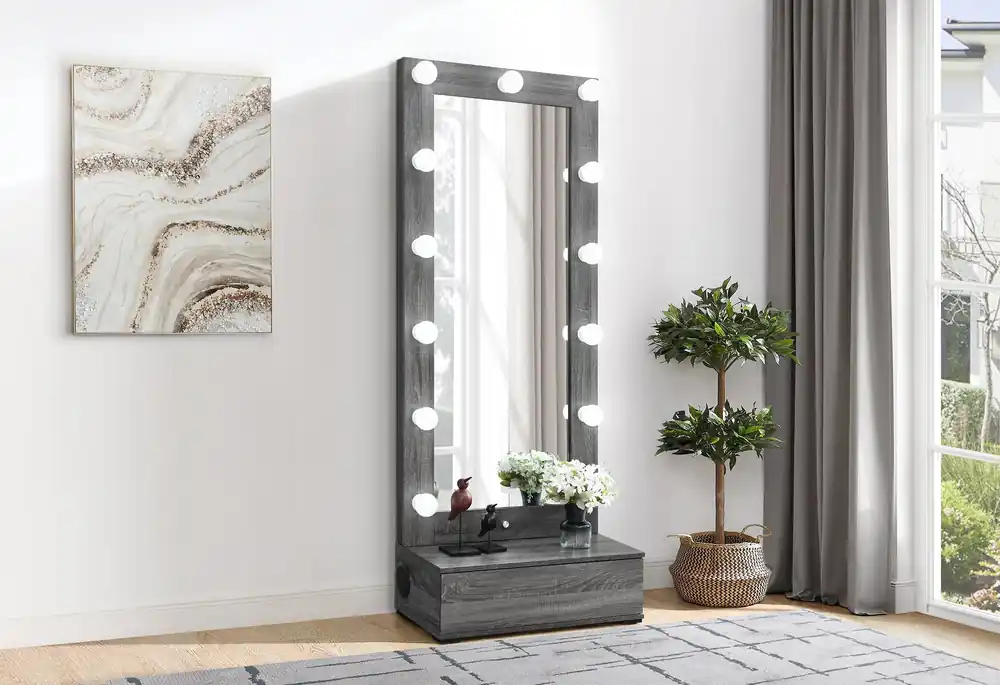 LEXI GREY TALL MIRROR WITH DRAWER AND SPEAKERS - Global Furniture USA