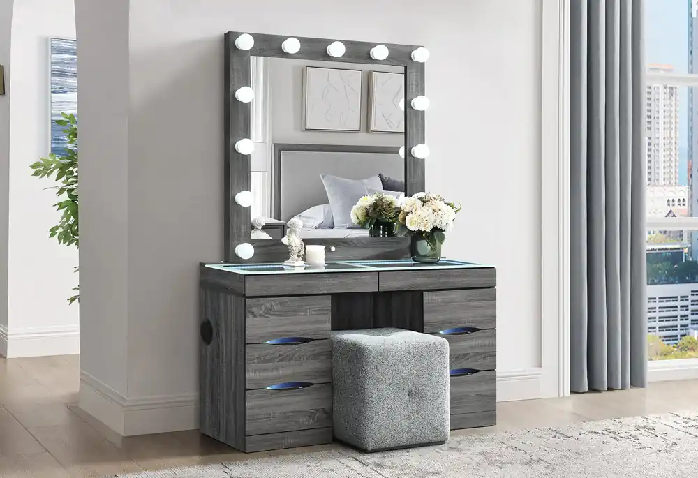 LEXI GREY VANITY SET WITH STOOL - Global Furniture USA
