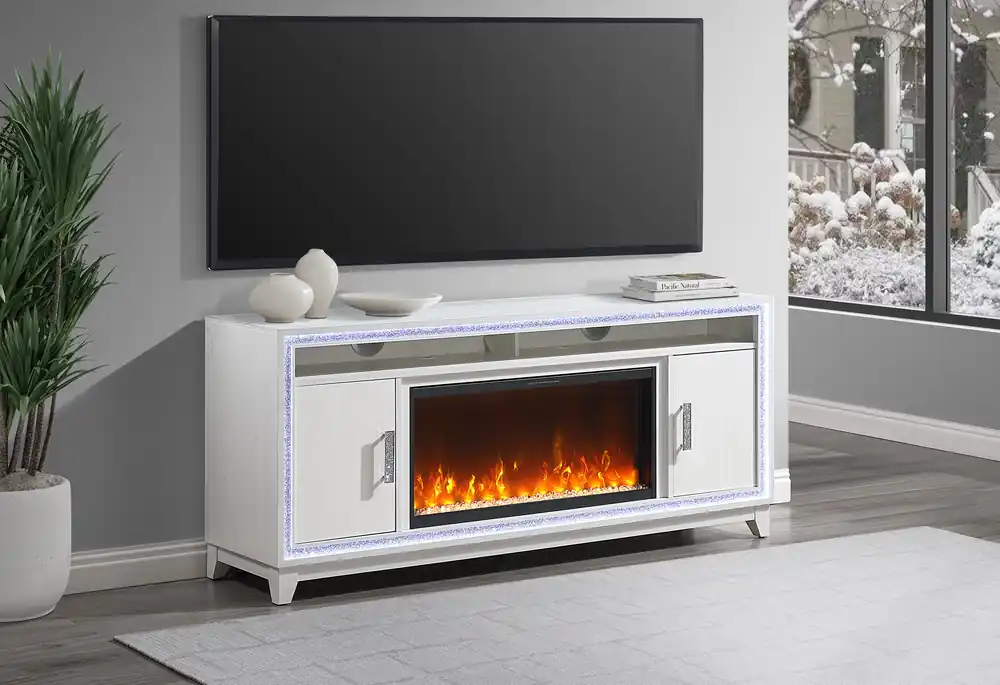 LILY WHITE ENTERTAINMENT UNIT 72 W/ LED, SPEAKERS, CRYSTAL INSERTS - Global Furniture USA