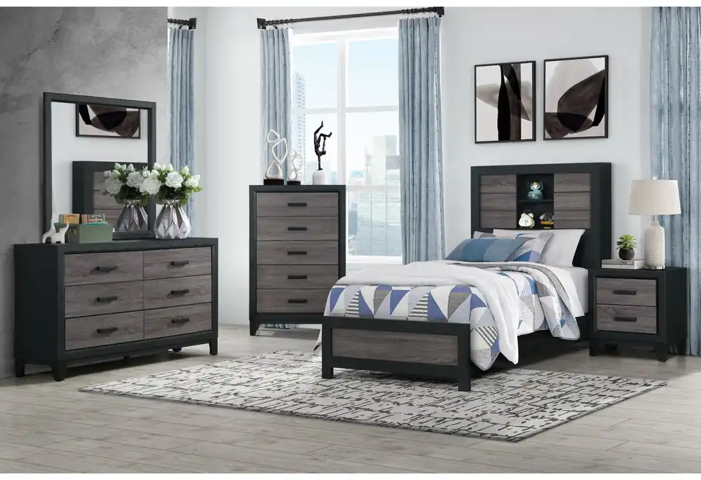 LISBON GREY/BLACK BOOKCASE TWIN BED, DRESSER, MIRROR AND NIGHTSTAND - Global Furniture USA