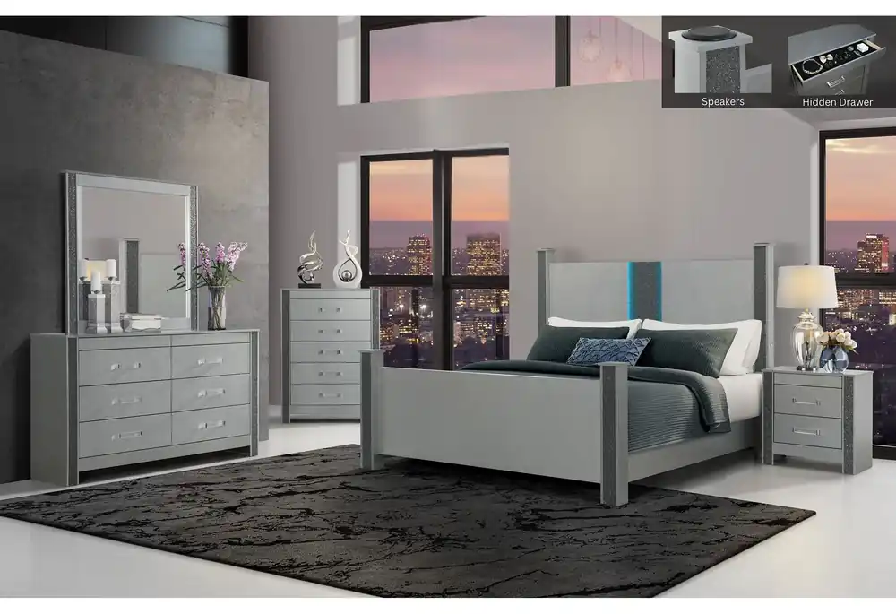 LOGAN SILVER FULL BED GROUP W/ LED AND SPEAKERS - Global Furniture USA