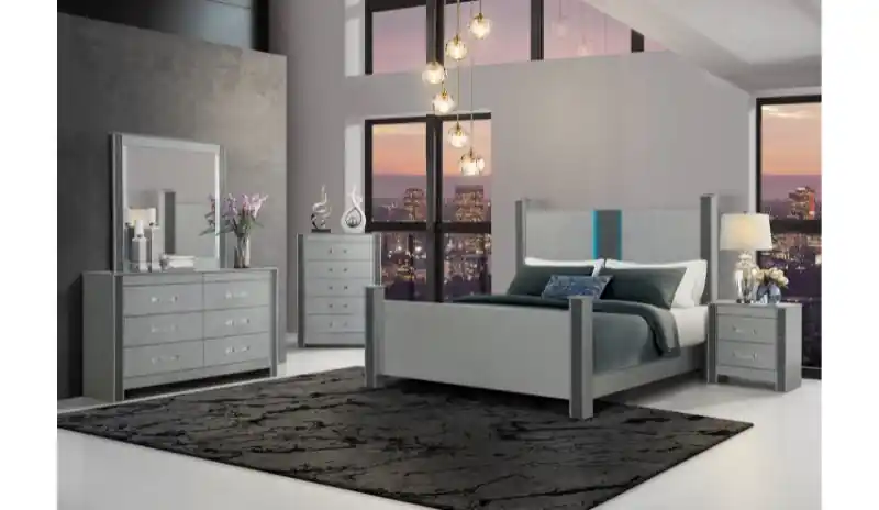 LOGAN SILVER KING BED, DRESSER, MIRROR AND NIGHTSTAND - Global Furniture USA
