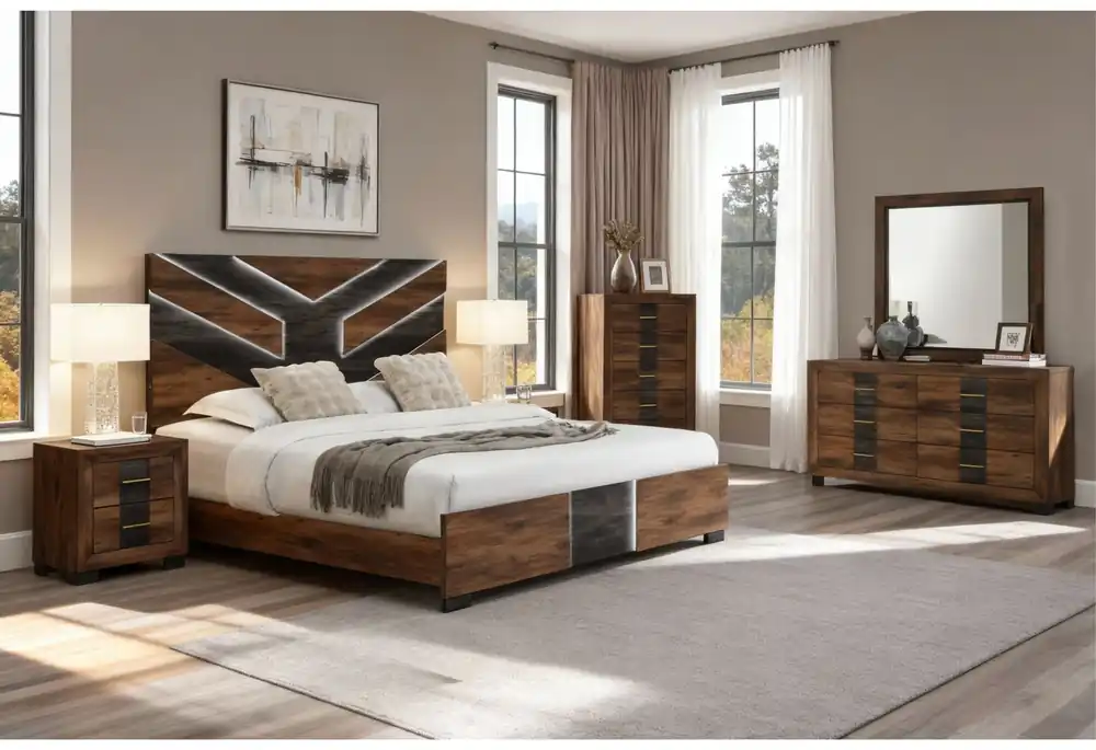 OPTIMUS BROWN/BLACK KING BED, DRESSER, MIRROR AND NIGHTSTAND - Global Furniture USA