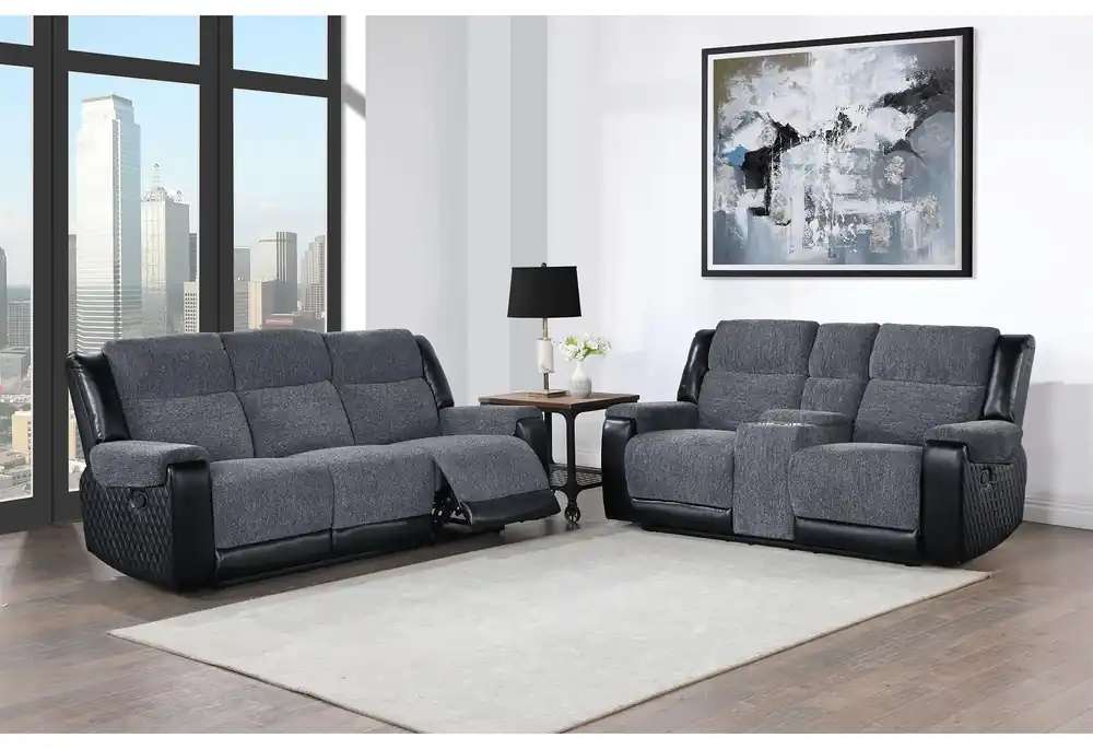 U5914 GREY/BLACK RECLINING SOFA/CONSOLE RECLINING LOVESEAT - Global Furniture USA