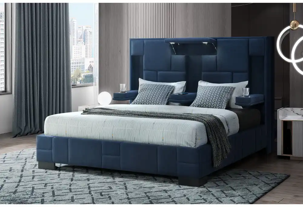 OSCAR NAVY BLUE QUEEN BED NO WOOD TRIM - Global Furniture USA