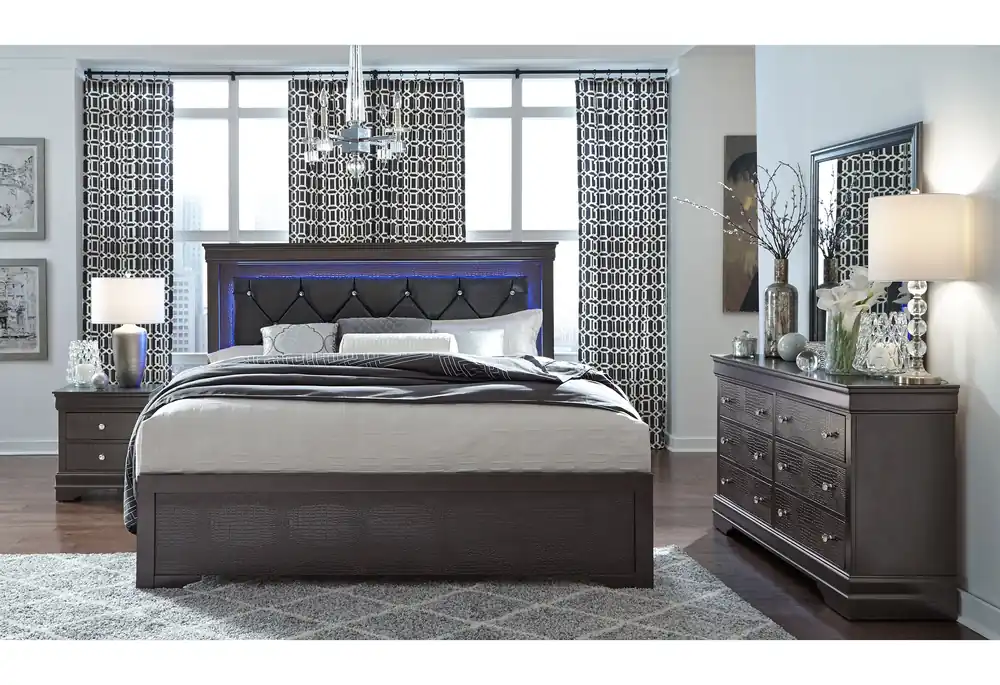 POMPEI METALLIC GREY KING BED WITH LED, DRESSER, MIRROR AND NIGHTSTAND - Global Furniture USA