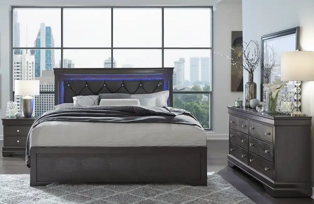 POMPEI METALLIC GREY KING BED GROUP WITH LED - Global Furniture USA
