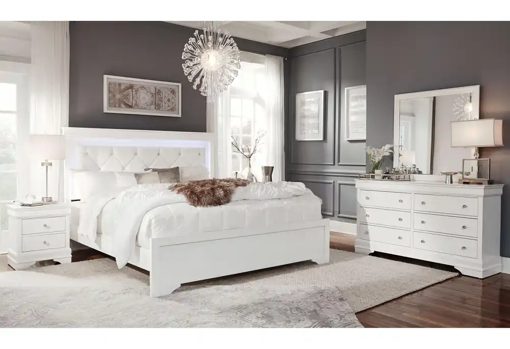 POMPEI METALLIC WHITE QUEEN BED GROUP WITH LED - Global Furniture USA
