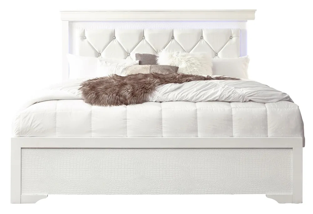 POMPEI WHITE QUEEN BED WITH LED DRESSER MIRROR AND NIGHTSTAND - Global Furniture USA