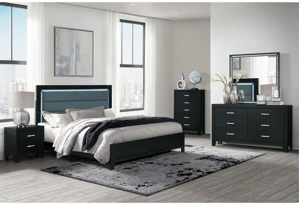 REID BLACK FULL BED, DRESSER, MIRROR AND NIGHTSTAND - Global Furniture USA