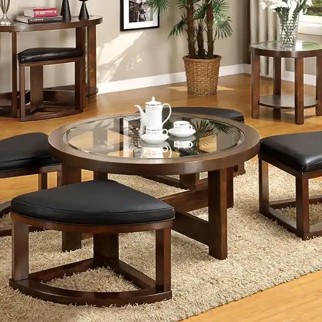 Crystal Cove II Dark Walnut Round Coffee Table w/ 4 Stools - FOA East