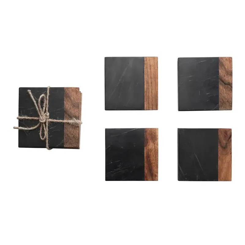 Marble & Acacia Wood Coasters, Set of 4 - Greenhouse Home