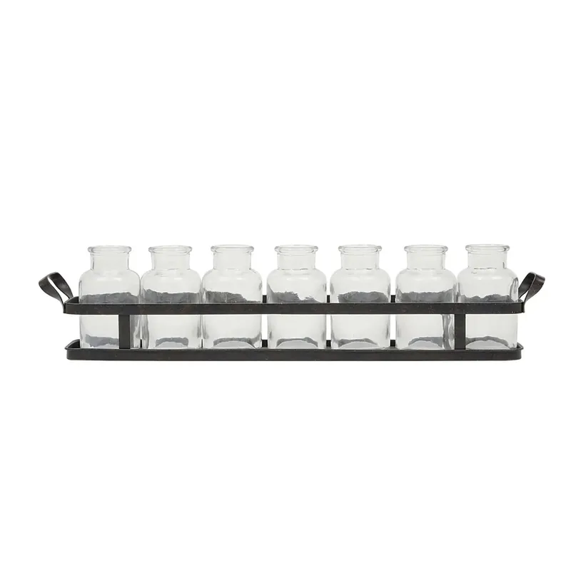 Decorative Glass Bottles on Rectangle Metal Tray w/ Handles - Greenhouse Home