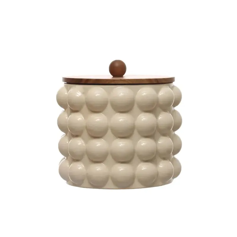 Stoneware Canister with Raised Dots + Acacia Wood Lid - Greenhouse Home
