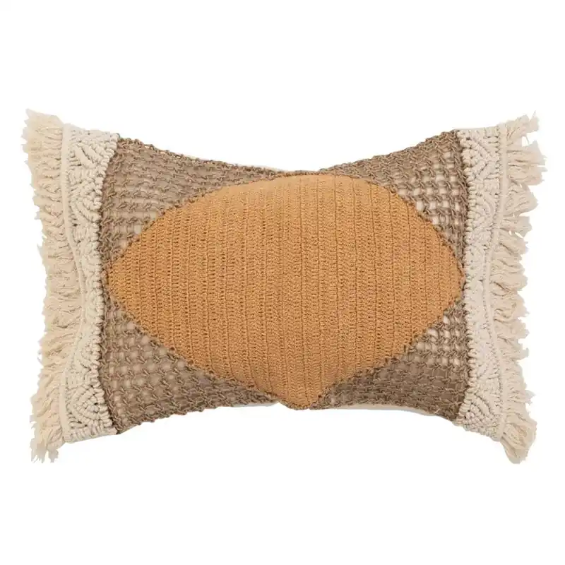 Hand-Woven Cotton and Jute Lumbar Pillow with Macrame, Crochet + Fringe