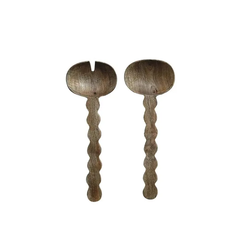 Carved Mango Wood Salad Servers with Scalloped Handle, Set of 2 - Bloomingville