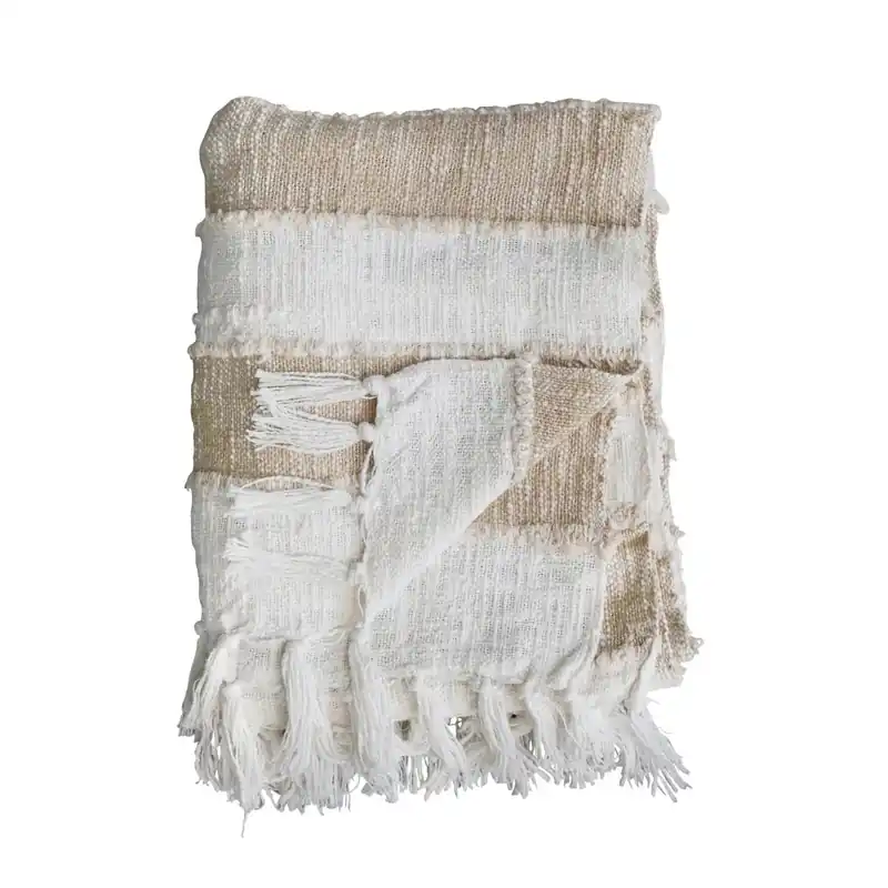 Woven Cotton Throw w/ Stripes & Fringe - Bloomingville